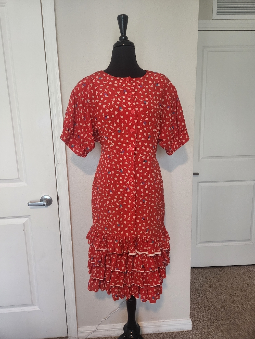 Louis Feraud Red Floral Tiered Midi Dress Vintage